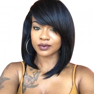 【Wigs】Full Lace Wigs Brazilian Hair Bob Wig with Side Bangs Natural Color