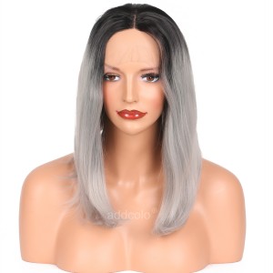 【Wigs】Synthetic Wigs #1B/Gray Ombre Color Straight Lace Front Wig 