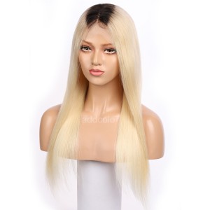 Blonde Human Hair Wigs Dark Root Ombre Color Silky Straight Lace Wigs